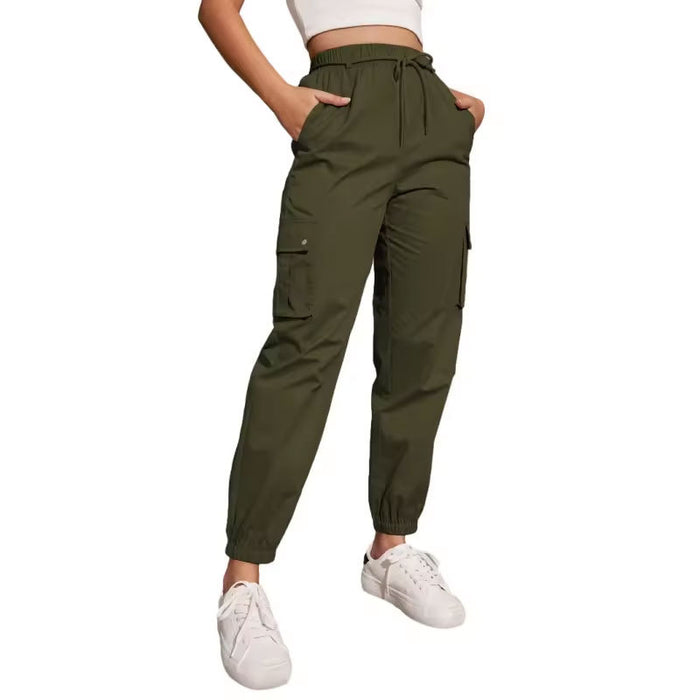 European Overalls Women Spring Autumn High Waist Wide Leg Ankle Tied Small Casual Slimming Gray Sports Pants Women-Army Green-Fancey Boutique