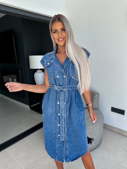 Color-Denim Medium Blue-Women Clothing Casual Polo Collar Sleeveless Clinch Open Chest Waist Controlled Lace Up Denim Dress-Fancey Boutique