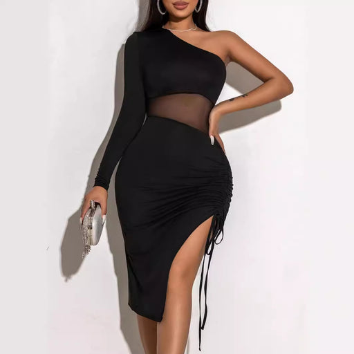 Summer Drawstring See Through Tight Dress Shoulder Long Sleeve Lace Mesh Body Shaping Dress-Black-Fancey Boutique