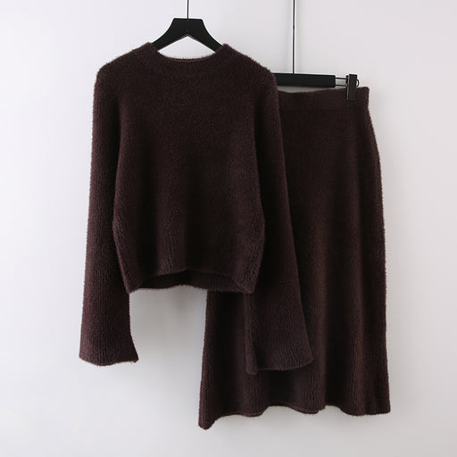 Color-Brown-Autumn Winter French Retro Gentle Socialite Anti Aging Elegant Furry Sweater Skirt Set Women-Fancey Boutique