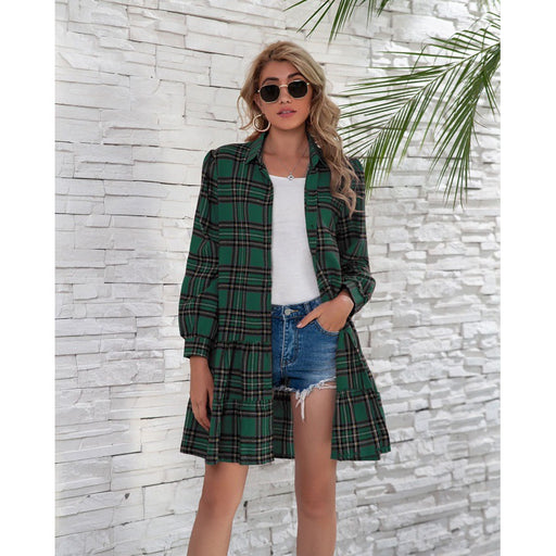 Color-Green-Spring Summer Tiered Dress Plaid Shirt Long Sleeve Single Breasted Women Clothing-Fancey Boutique