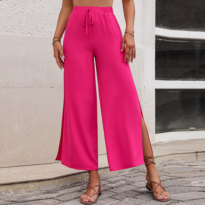 Color-Pink-Side Slit Wide Leg Pants Loose Lace Up Pants-Fancey Boutique