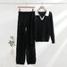 Color-Black-Fashionable Knitted Woven Suit Spring Autumn Korean Half Open Collar Pullover Top Trousers Women Two Piece Suit-Fancey Boutique