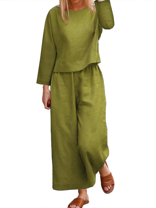 Color-Green-Casual Loose Solid Color Shirt Long Sleeve Trousers Two Piece Set-Fancey Boutique