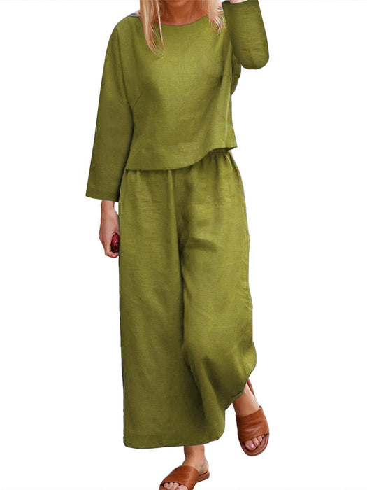 Color-Green-Casual Loose Solid Color Shirt Long Sleeve Trousers Two Piece Set-Fancey Boutique