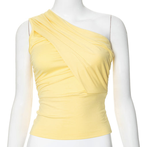 Women Clothing Summer Solid Color Slim Shoulder Cropped Top-Yellow-Fancey Boutique