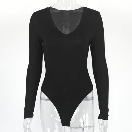 Color-Black-Autumn Winter Bottoming Shirt Tight Sexy Women Clothing Modal Long Sleeve V-neck Bodysuit-Fancey Boutique