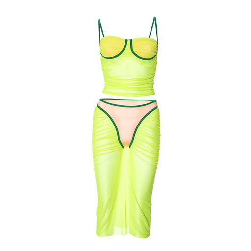 Color-Green-Women Clothing Summer Sleeveless Strap Top Pleated Stitching Pantskirt Color Matching Mesh Suit-Fancey Boutique