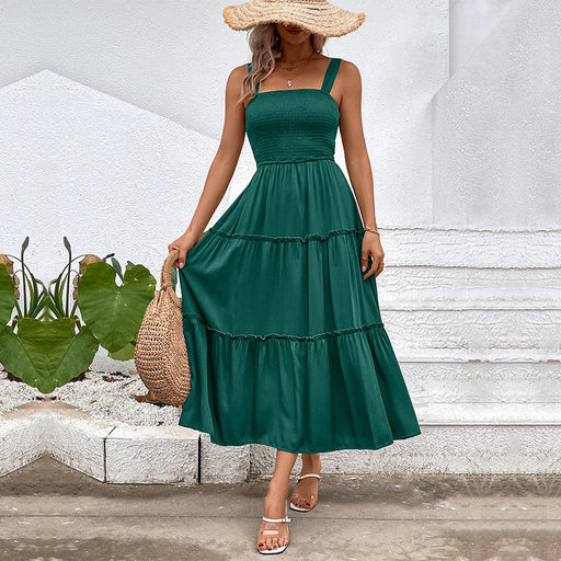 Color-blackish green-Women Solid Color Sling Summer Dress-Fancey Boutique