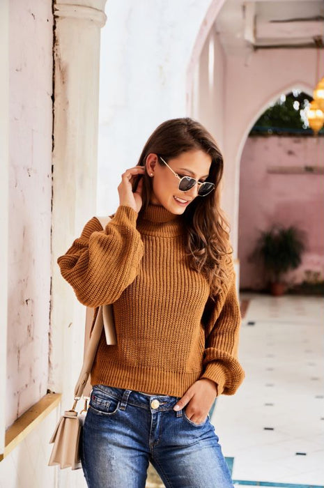 Color-Khaki-Women Autumn Winter Elegant Graceful Niche Design Turtleneck Soft Glutinous Knitted Sweater-Fancey Boutique