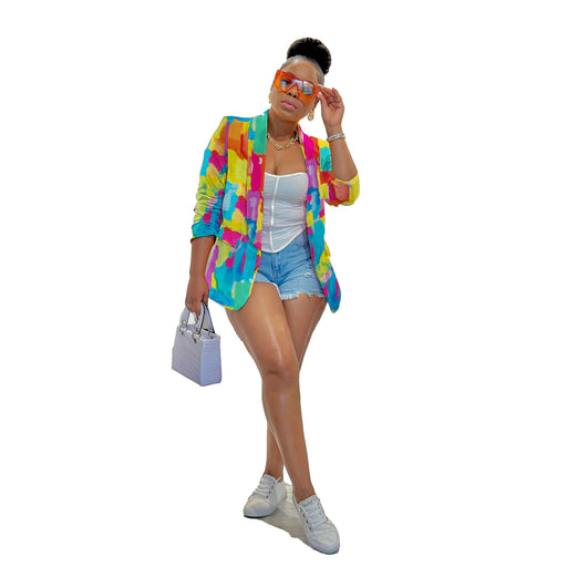 Color-Yellow-Casual Color Printing Blazer Tops-Fancey Boutique