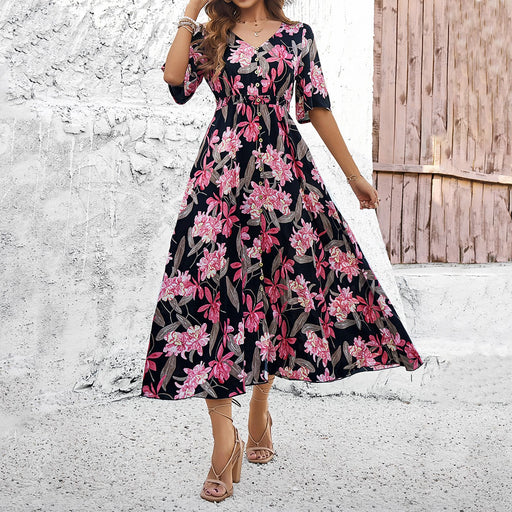 Women Clothing Spring Summer Vacation Casual Printed Large Swing Dress-Fancey Boutique