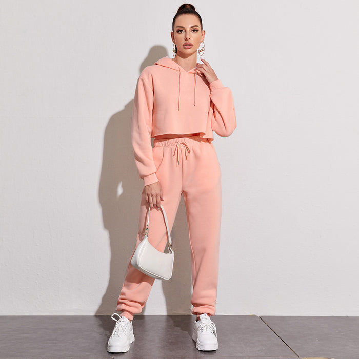 Color-Pink-Autumn Winter Fleece Lined Long-Sleeved Short Sweater Women cropped Hooded Fleece Shirt Women Solid Color Straight Leg Pants Suit-Fancey Boutique