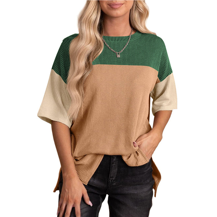 Spring Summer round Neck Wave Jacquard Color Matching Short Sleeve Loose T shirt Women-Green Orange-Fancey Boutique
