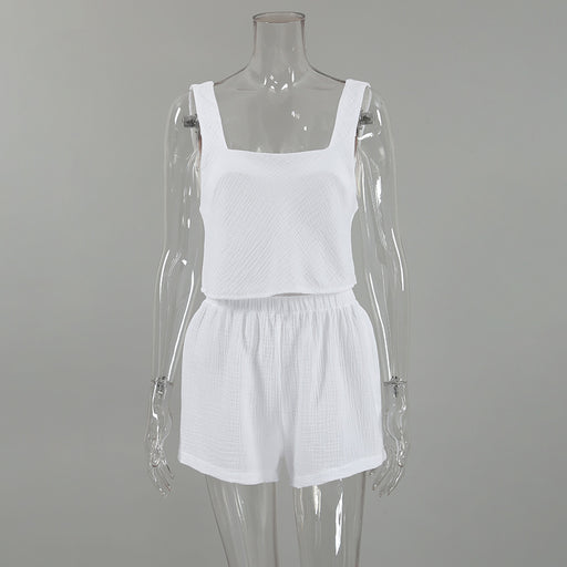 Color-White-Summer Crepe Cotton Pajamas Comfortable Vest Shorts Set Ladies Homewear-Fancey Boutique