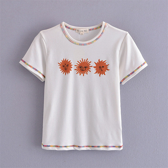 Cute Smiley Face Women Clothing Spring New Sun Color Piping Printed T-shirt Short Top Graphic-Multi-Fancey Boutique