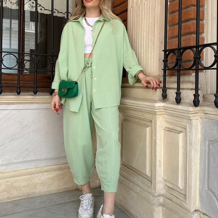 Color-Light Green-Casual Suit All Match Loose Shirt High Waist Skinny Pants Two Piece Set-Fancey Boutique