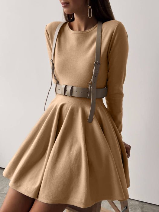 Round Neck Waist Trimming Knitted Dress Women All Match Advanced Pleated Woolen-Khaki-Fancey Boutique