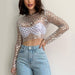 Color-Silver-Women Clothing Sexy Mesh Beads Sequined Long Sleeved Top T Shirt-Fancey Boutique