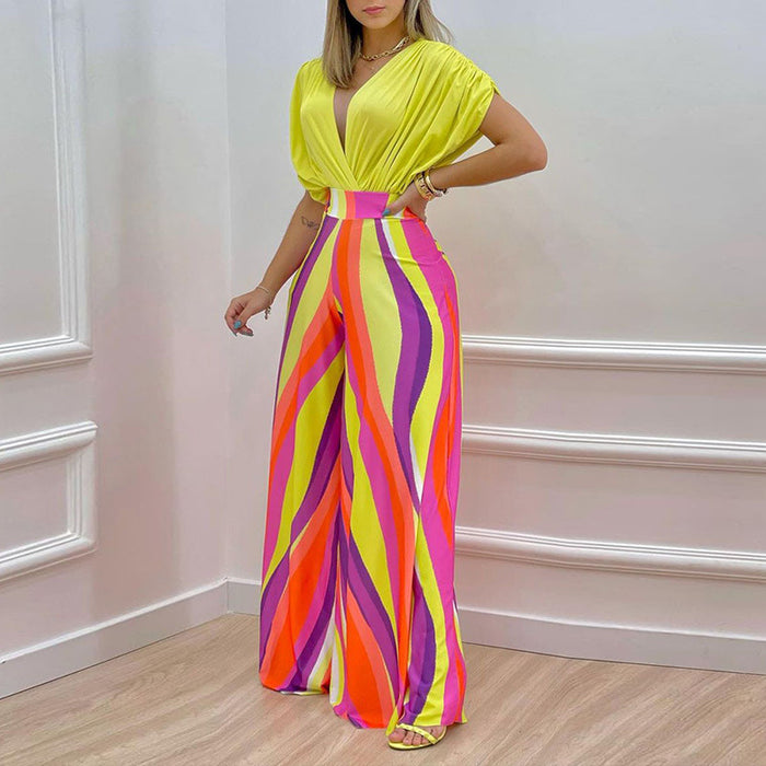 Color-Yellow colored stripe-Women Clothing Summer Elegant V neck Printed Wide Leg Pants Casual Set-Fancey Boutique