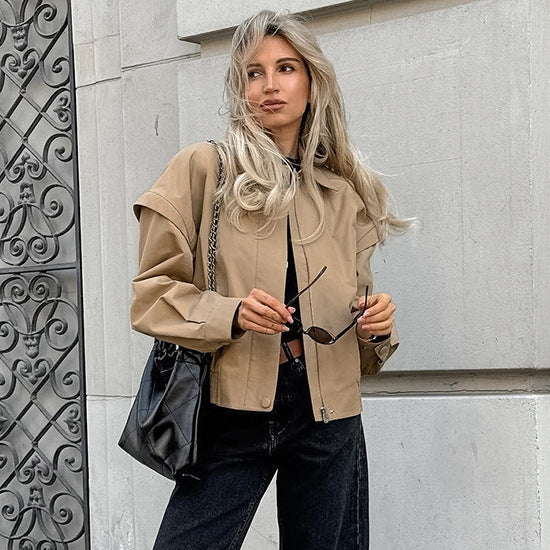 Khaki Trench Coat Women Simple French Collared Overalls Loose Bomber Jacket Design Women Clothing