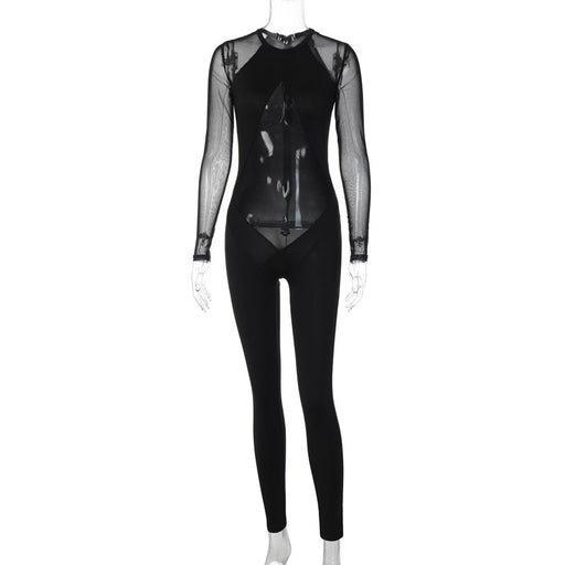 Color-Black-Mesh Patchwork Slim Fit Bodysuit Fall Women Clothing Long Sleeve Zipper Trousers-Fancey Boutique