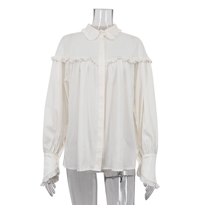 Women Clothing Early Spring Shirt Women French Collared Lantern Sleeve Lace Design Loose White Shirt-White-Fancey Boutique