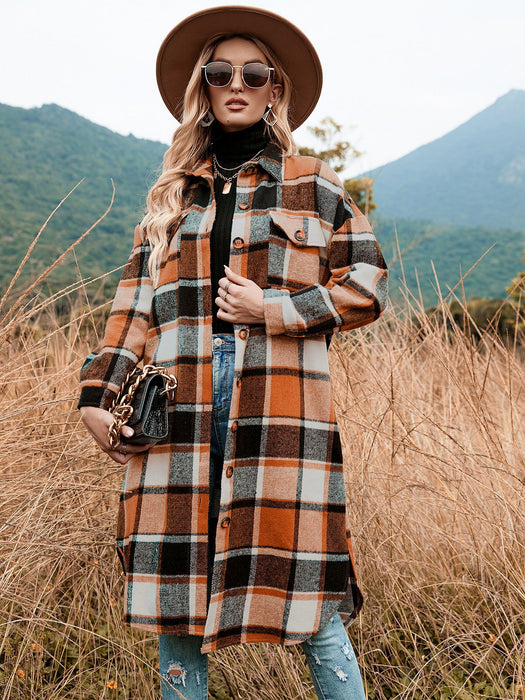 Color-Orange-Autumn Winter Women Plaid Trench Coat-Fancey Boutique