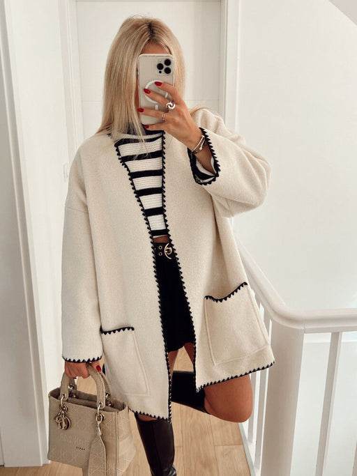 Color-White-Women Color Contrast Woolen Coat Autumn Winter-Fancey Boutique