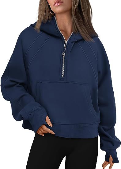 Color-Navy Blue-Women Clothing Half Zipper Hooded Sweatshirt Loose Short Velvet Sweater-Fancey Boutique