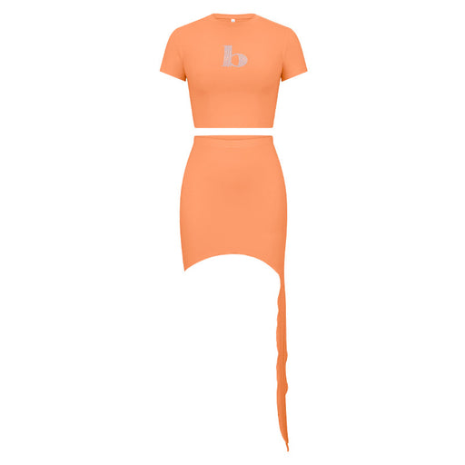 Color-Orange-Women Clothing Spring Summer round Neck Rhinestone Letters Irregular Asymmetric Sexy Hip Skirt Casual Set-Fancey Boutique