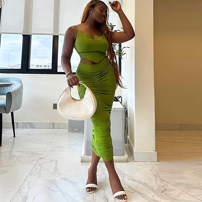 Color-Green-Solid Color Sexy Sling Small Tank Top Hip Casual Two Piece Suit Women-Fancey Boutique