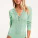 Color-Light Green-Women Striped Sexy V neck Lace Edge Long Sleeve Autumn Wear One Piece T Back Base-Fancey Boutique