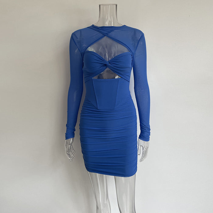 Sexy Sling Hollow Out Cutout Irregular Asymmetric Stitching Mesh Long Sleeve Hip Dress Long Sleeve Dress-Blue-Fancey Boutique
