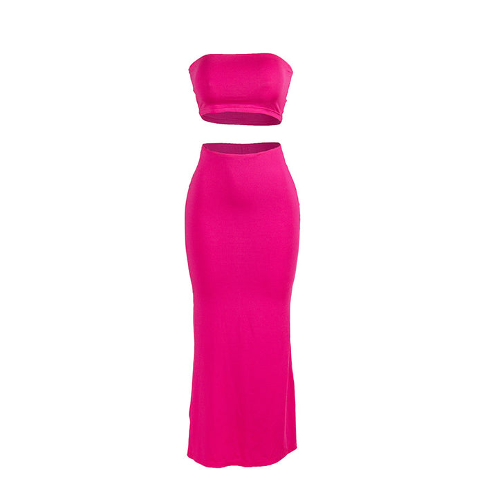 Summer Solid Color Sleeveless Tube Top High Waist Slim Fit Maxi Dress Women Skirt Sets-Pink-Fancey Boutique