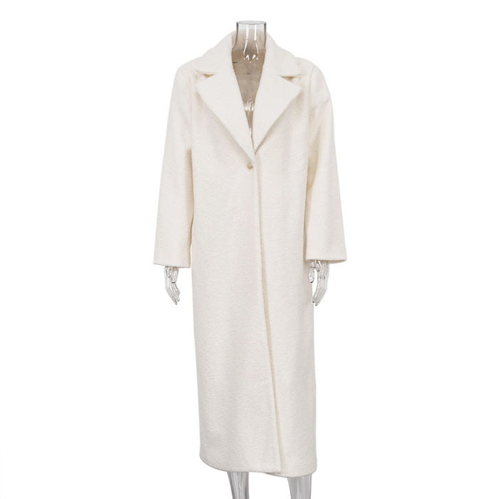 Color-White-Autumn Winter Long Woolen Coat High Grade Collared Loose Woolen Coat Women-Fancey Boutique