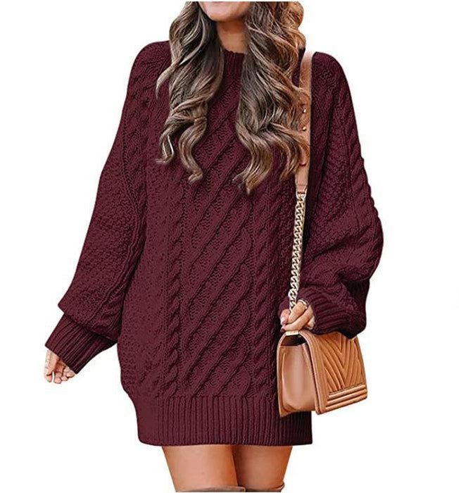 Color-Burgundy-Round Neck Long Sleeve Twisted Knitted Thick Needle Pullover Mid Length Sweater Women Dress-Fancey Boutique