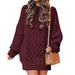 Color-Burgundy-Round Neck Long Sleeve Twisted Knitted Thick Needle Pullover Mid Length Sweater Women Dress-Fancey Boutique