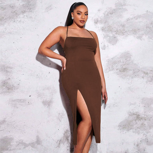 Color-Coffee-Plus Size Women Clothes Sexy Backless Slit Tight Waist Sheath Solid Color Cami Dress-Fancey Boutique
