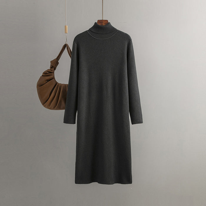 Color-Carbon Gray-Women Knitted Dress Autumn Winter Mid Length Loose Turtleneck Solid Color Base Sweater Dress-Fancey Boutique