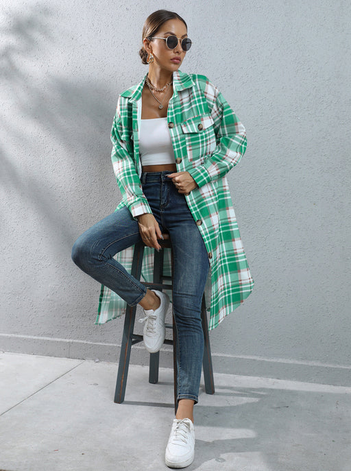 Color-Green-Women Clothing Autumn Winter Plaid Single-Breasted Long Trench Coat-Fancey Boutique