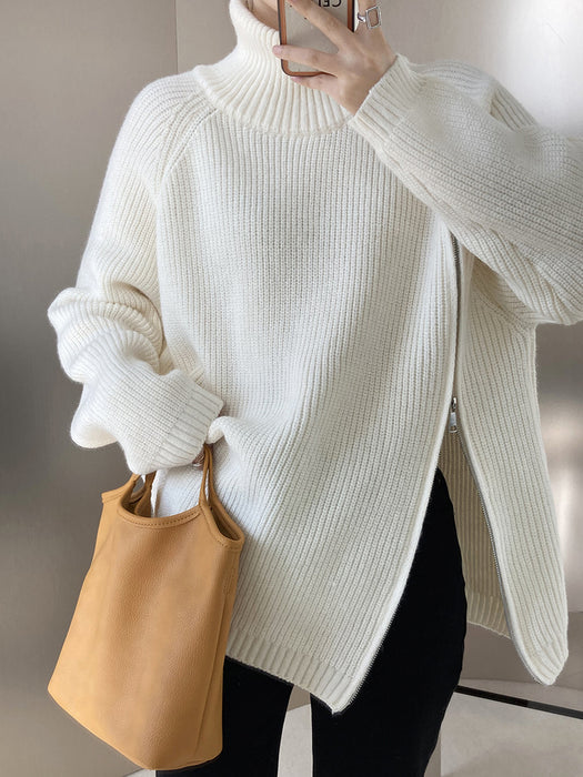 Color-Ivory-Design Double Headed Oblique Zipper Turtleneck Sweaters Women Clothing Autumn Winter Lazy Casual Sweater-Fancey Boutique