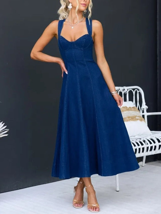 Color-Navy Blue-Elegant Solid Color Waist Tight Strap Denim Mid Length Dress-Fancey Boutique
