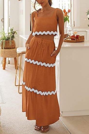 Women Clothing Lace Collage Sleeveless Short Vest High Waist Long Skirt Set-Light Brown-Fancey Boutique
