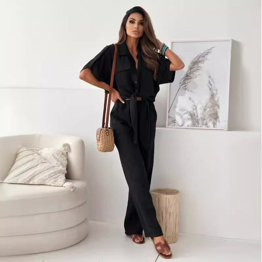 Women Clothing Women Clothing Supply Solid Color Half Sleeve Trousers Suit-Black-Fancey Boutique