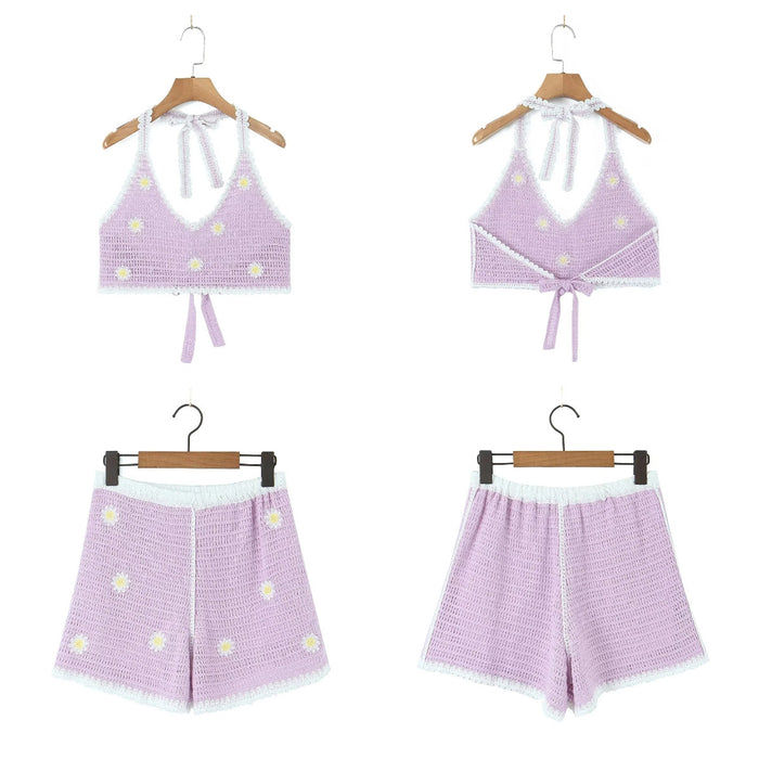 Color-Lavender-Homemade Southeast Asian Holiday Travel Little Daisy Crocheted Suit Knitted Two Piece Sling with Shorts-Fancey Boutique