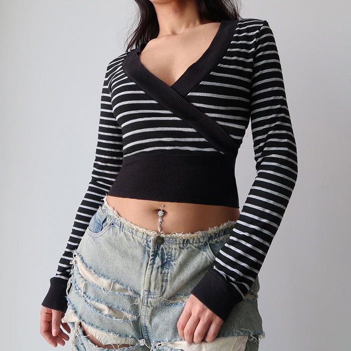 Street Striped Printed Deep V Plunge neck Cross Stitching Long Sleeves Cropped T shirt Sexy Waist Trimming Sweater-Fancey Boutique