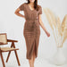 Color-Brown-Spring Summer V Neck Short Sleeve Drawstring Slit Office Lady Dress Sexy Tight Sexy Dress Women-Fancey Boutique