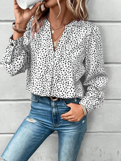 Color-White-Spring Summer V Neck Pullover Leopard Print Shirt Printed Long Sleeved Shirt Office Women Shirt-Fancey Boutique