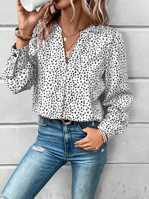 Color-White-Spring Summer V Neck Pullover Leopard Print Shirt Printed Long Sleeved Shirt Office Women Shirt-Fancey Boutique